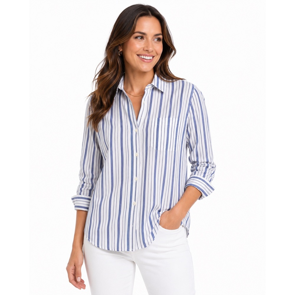 Untuckit Pinot Perse Womens Size 4 Blue White Striped Button Down Shirt NWT